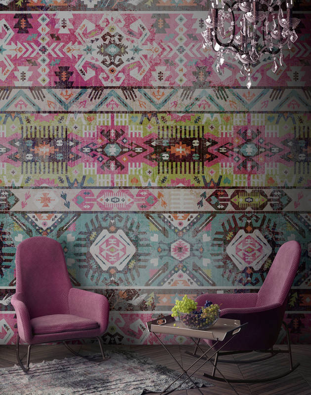             Photo wallpaper ethnic textile pattern, geometric - pink, green
        