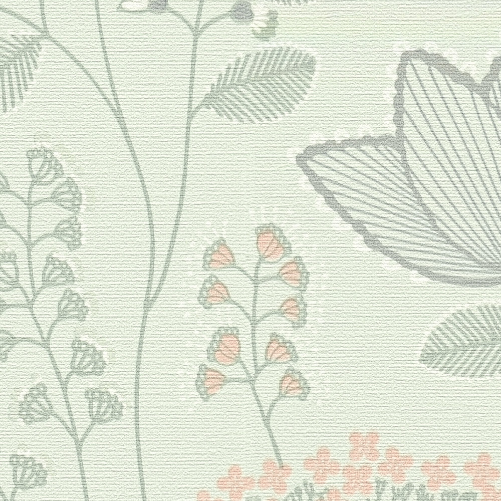             Carta da parati floreale con foglie in stile retrò a trama leggera, opaca - verde, grigio, rosa
        