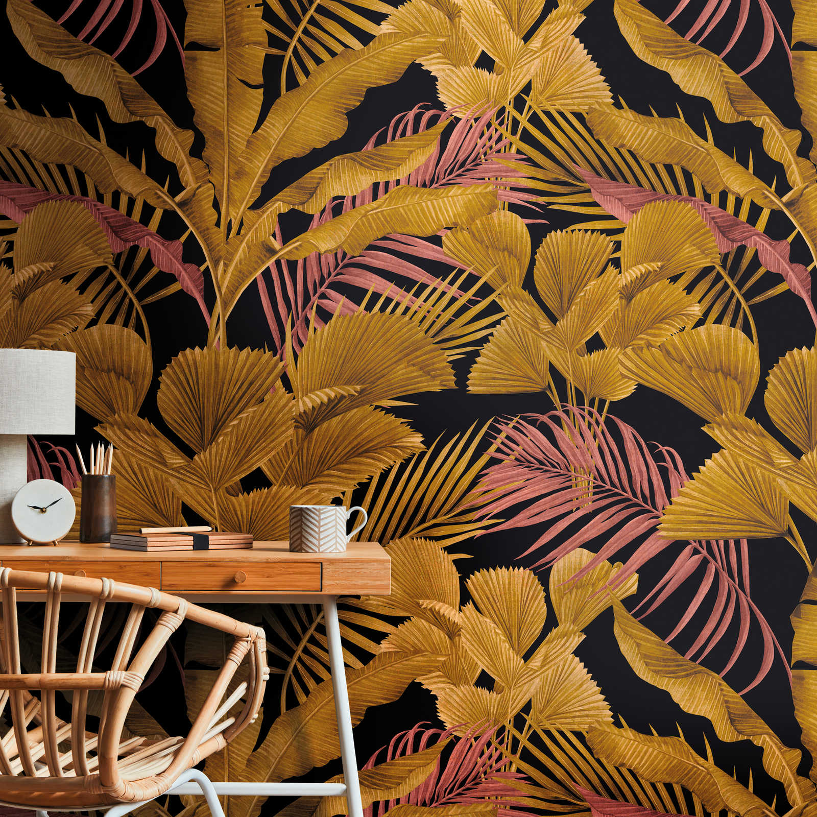 Non-woven wallpaper with different jungle leaves - black, gold, pink
