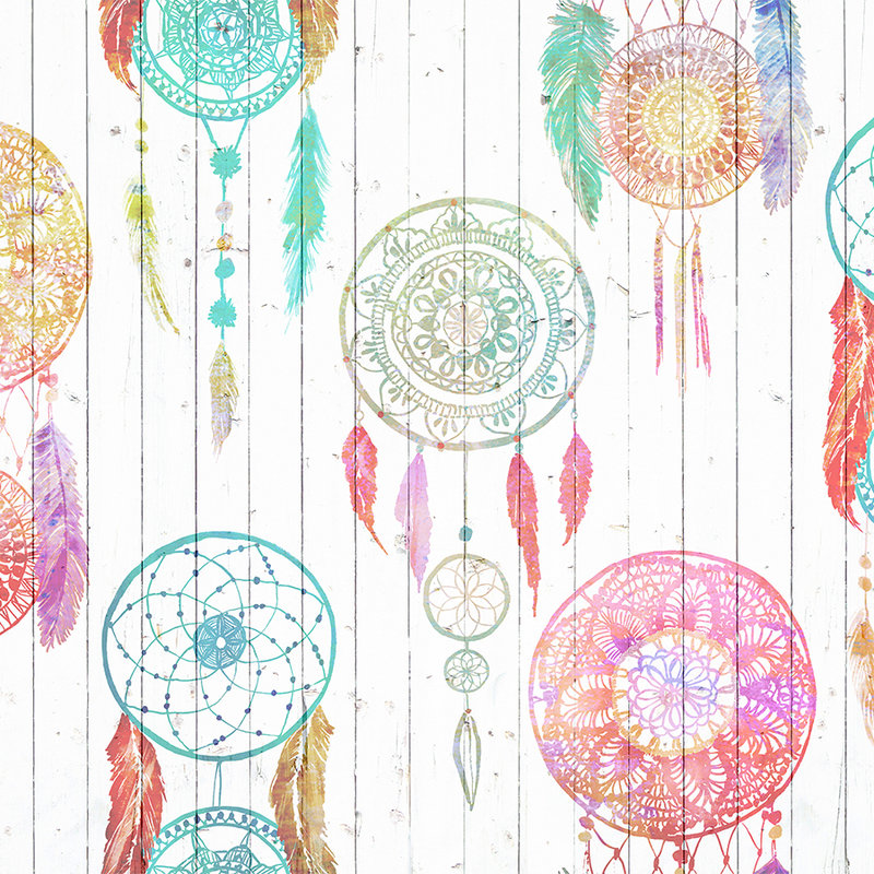         Boho mural with dream catcher & wood look - colourful, white, red
    