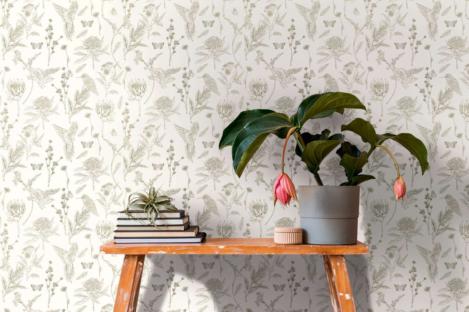             Floral wallpaper with birds & butterflies textured matt - white, green
        