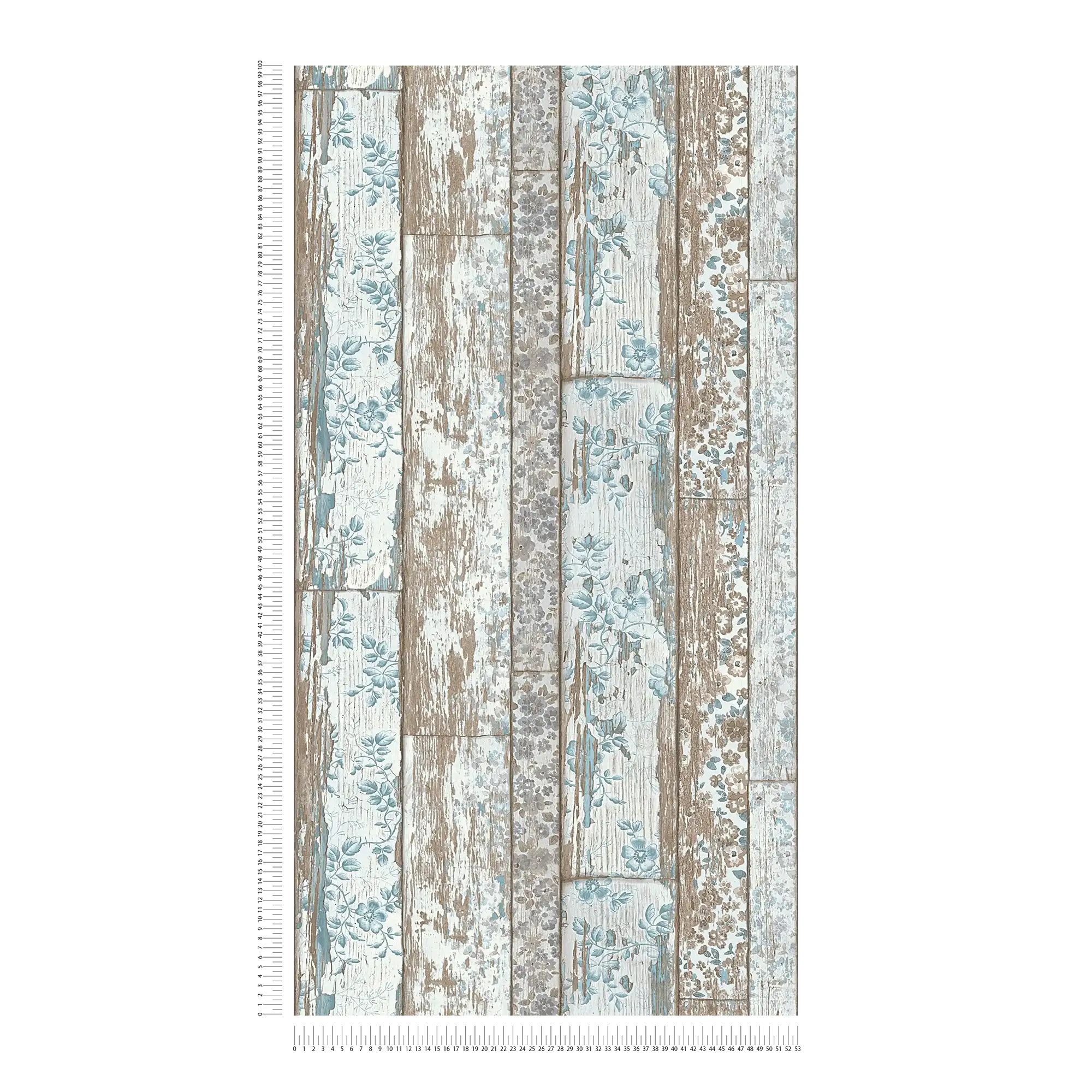             Landhuisbehang plankenlook met vintage bloemenprint - blauw, bruin, grijs
        