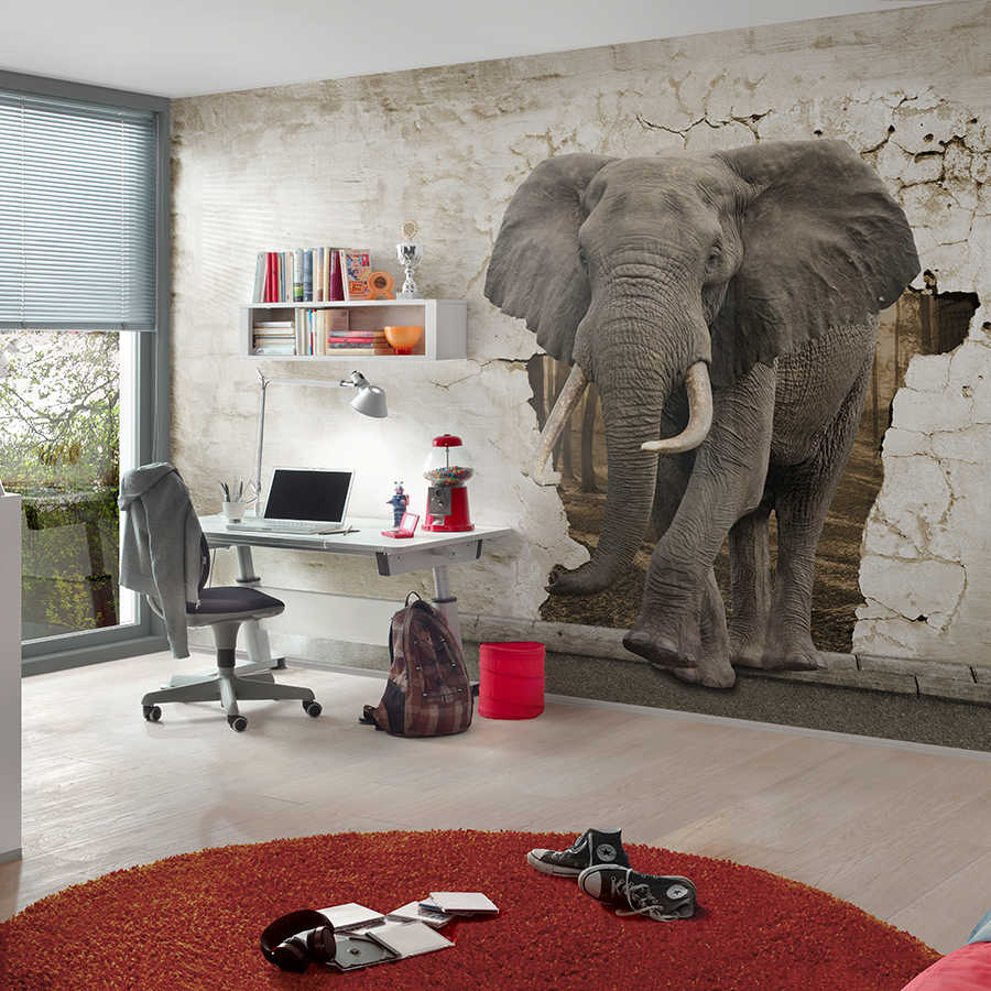 Dierenmotief muurschildering olifant in de muur op parelmoer glad vlies
