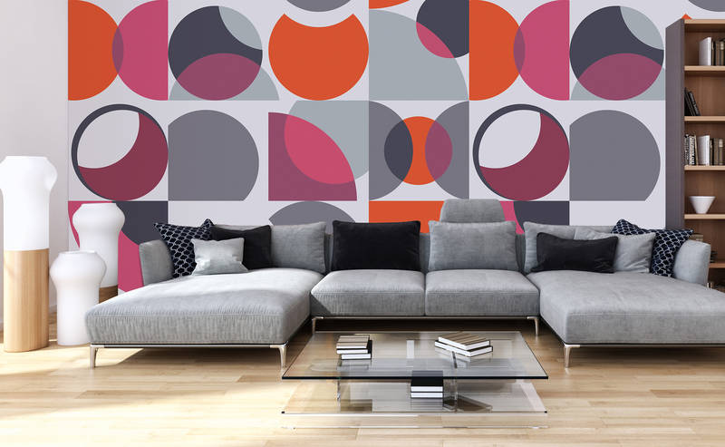             Papier peint rétro design géométrique & abstrait - orange, violet, gris
        