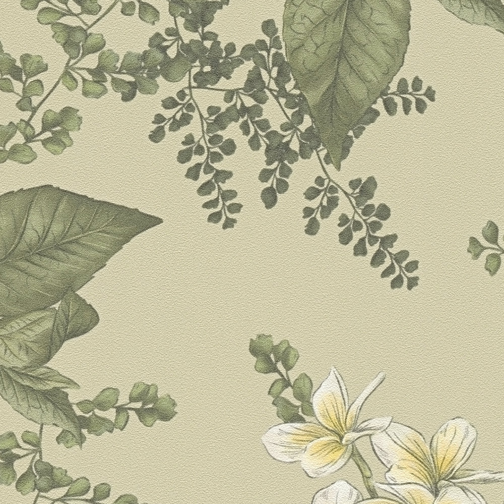             Papel pintado estilo floral con flores y hierbas textura mate - verde, verde oscuro, blanco
        