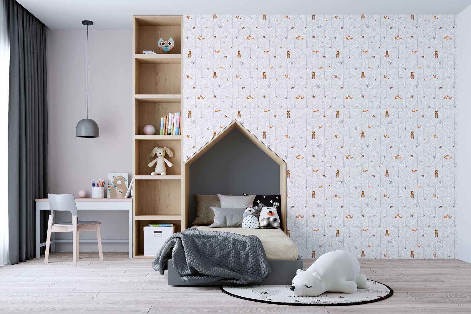             Nursery wallpaper girls forest animals - grey, white, brown
        