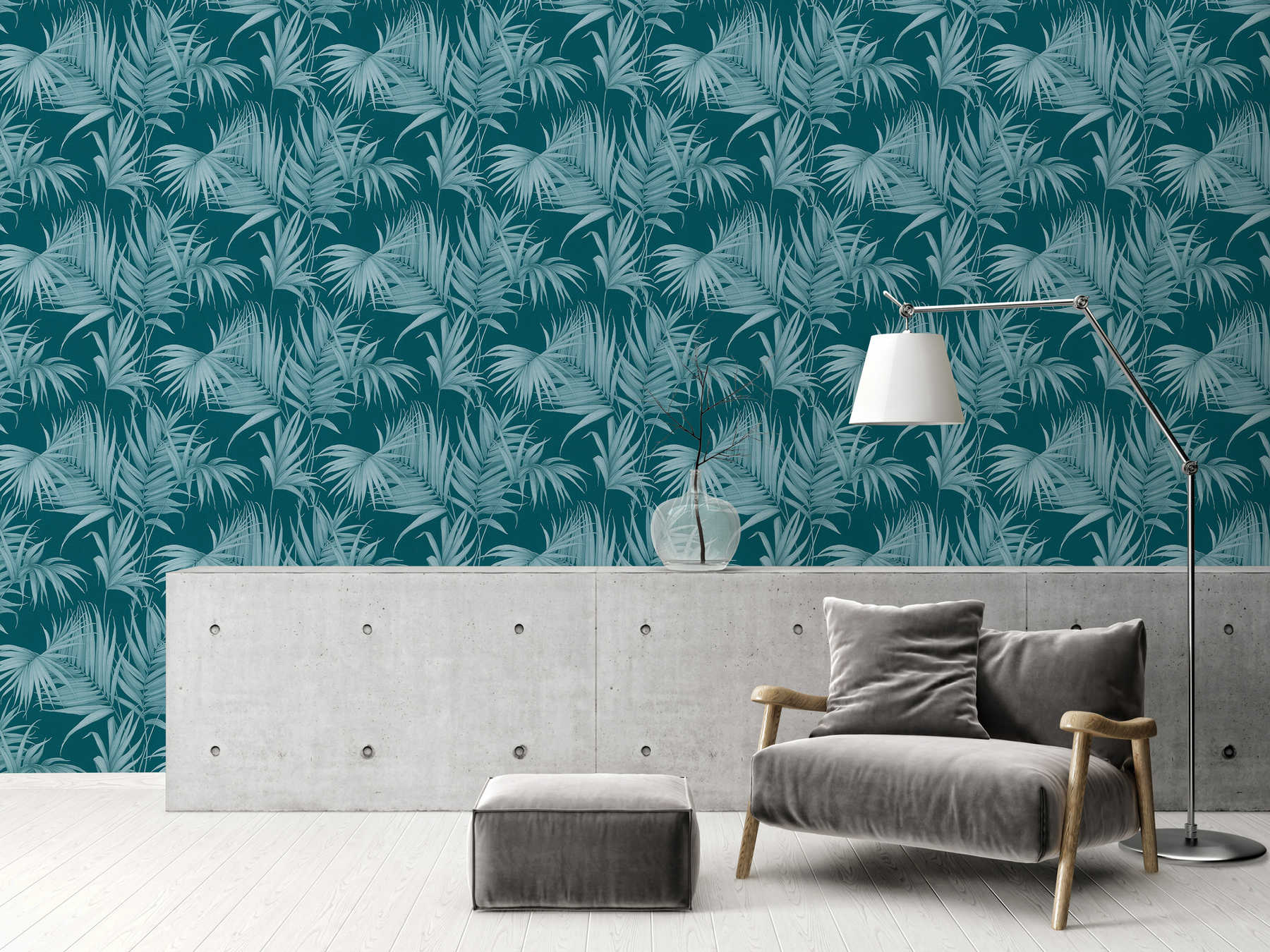             Palm leaves wallpaper with tone-on-tone pattern in petrol - blue
        