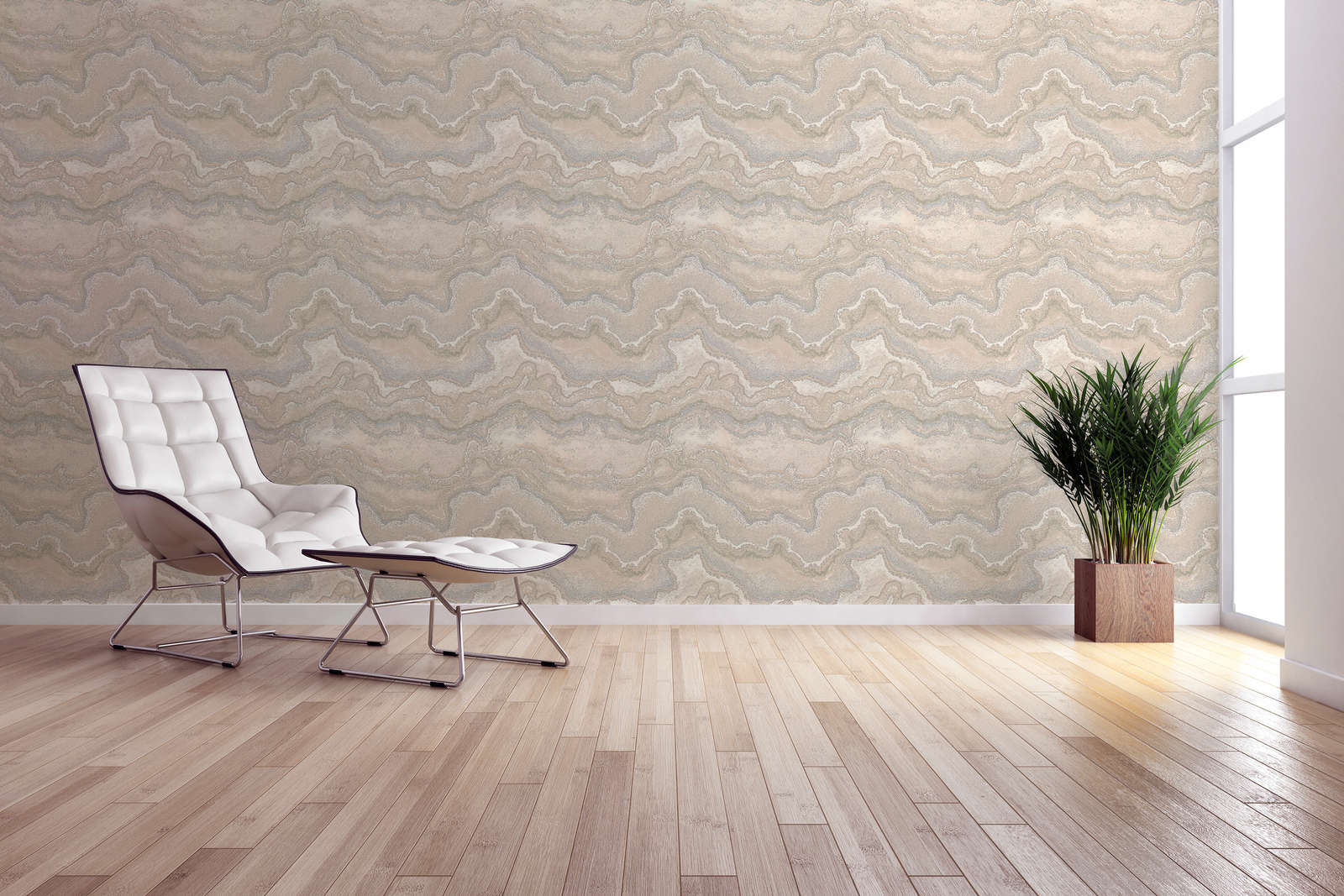             Non-woven wallpaper with textured marbling - beige, cream, silver
        