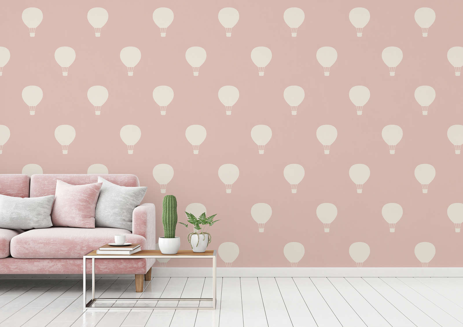            Nursery wallpaper with hot balloon motif - cream, pink
        
