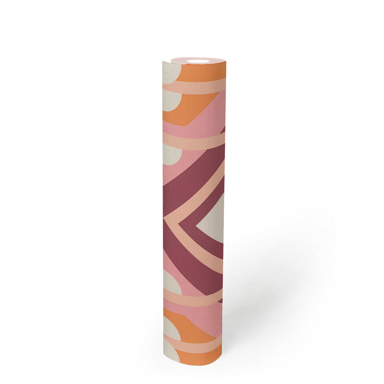             papier peint en papier intissé avec ornements géométriques de style rétro - orange, rose, blanc
        