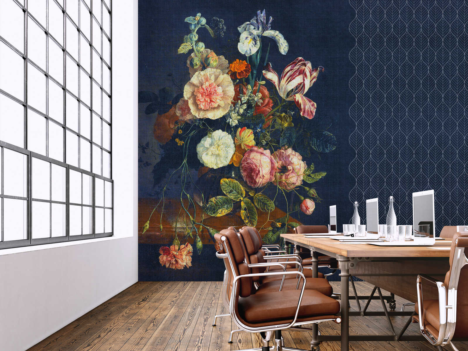            Cortina 2 - Dark blue photo wallpaper art deco pattern with bouquet of flowers
        