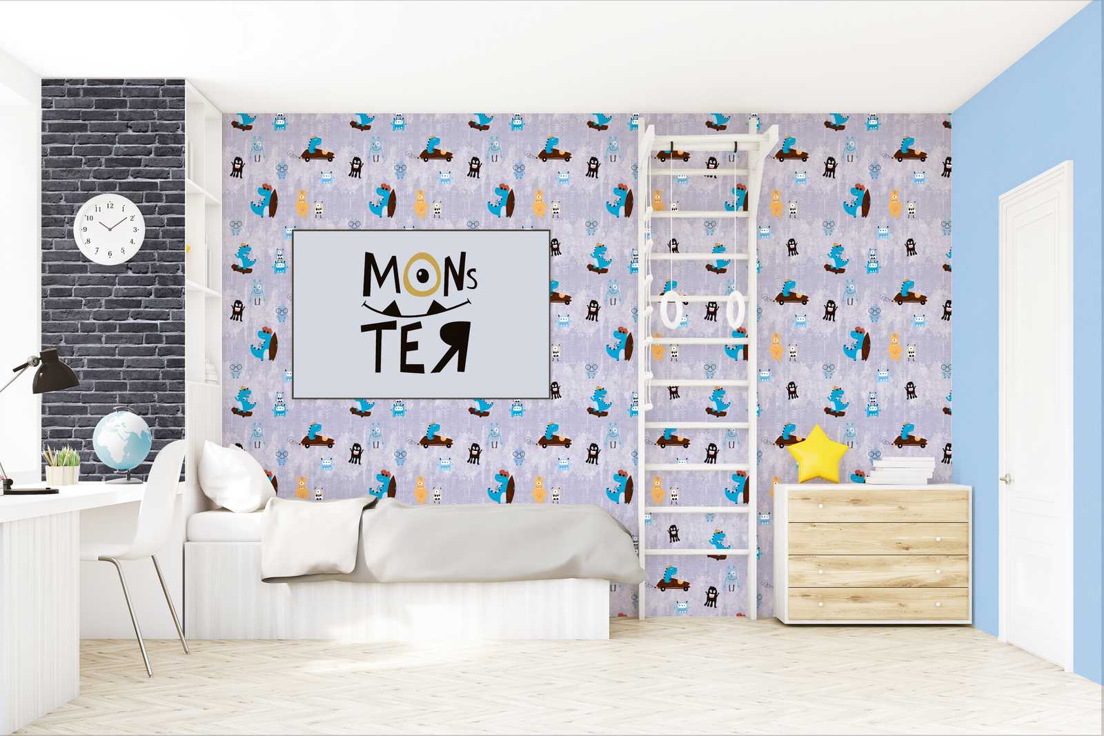             Boys wallpaper nursery monster comic - blue, yellow, brown
        