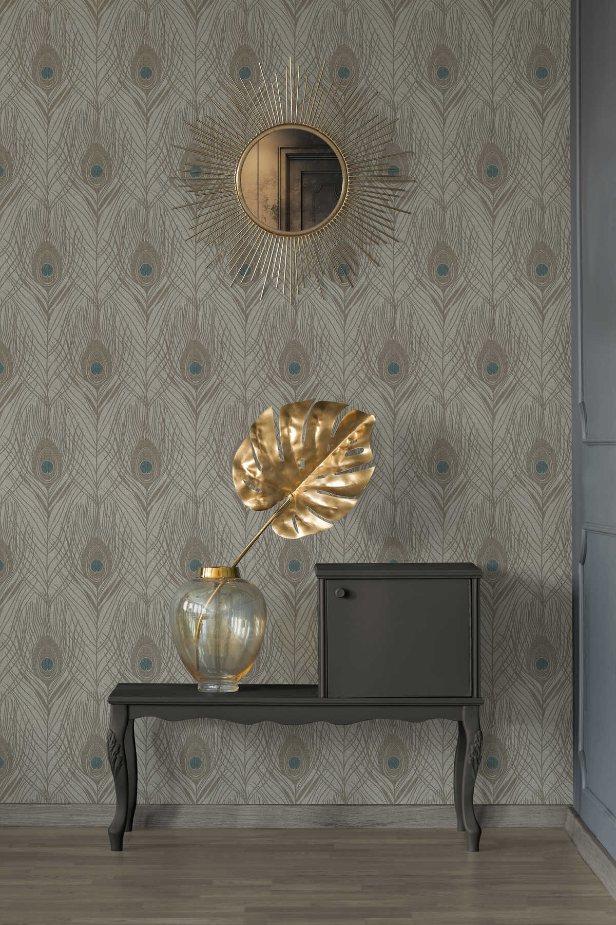             Brown non-woven wallpaper with peacock feathers, detailed - brown, grey, blue
        