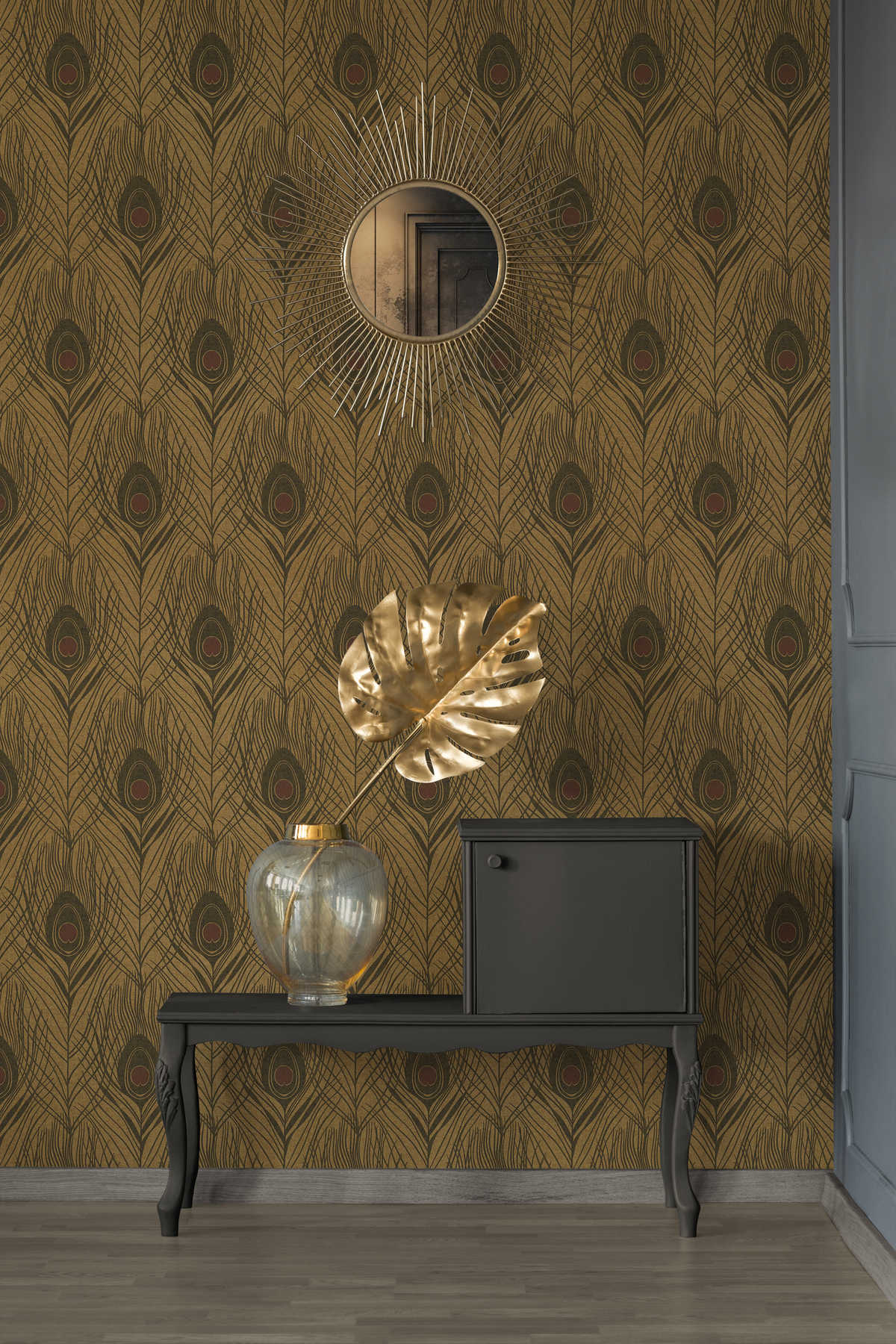             Golden non-woven wallpaper with peacock feathers - black, gold, brown
        