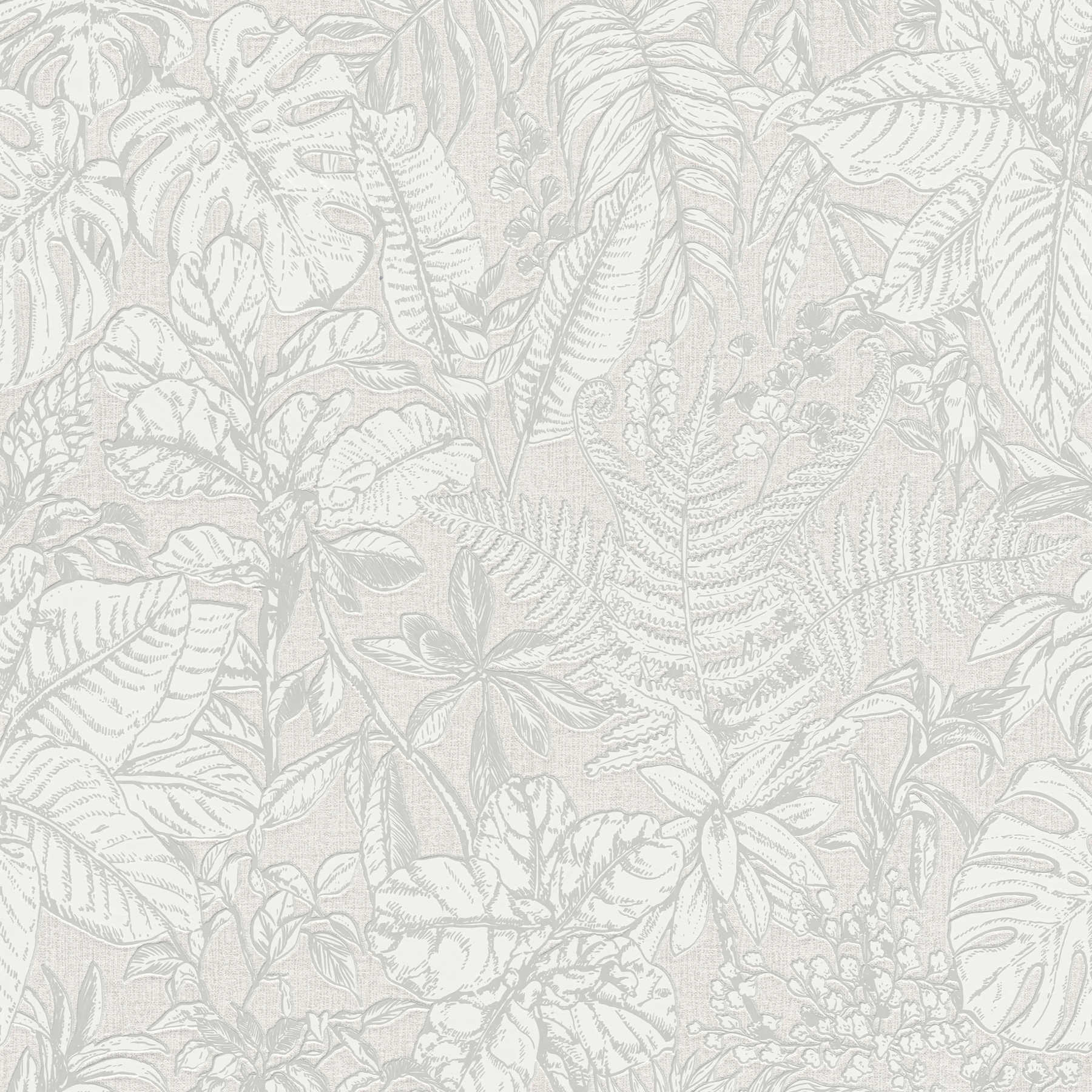Papier peint jungle, feuilles de monstera & fougères - gris, blanc
