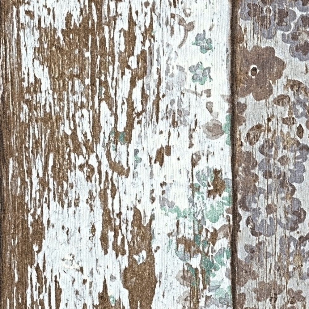             Country house wallpaper plank look with vintage floral print - green, brown, grey
        