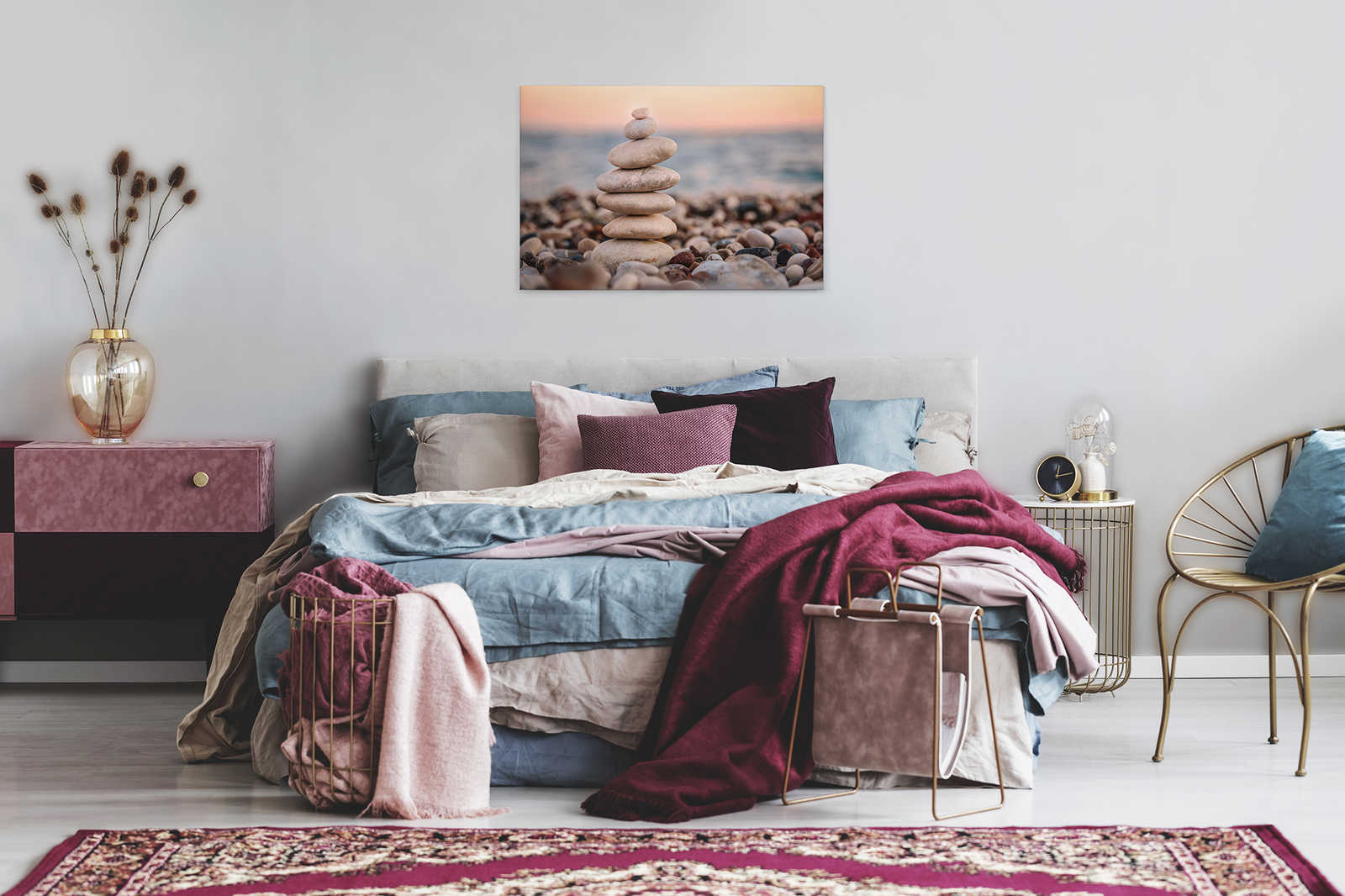             Canvas with stone tower by the sea | grey, blue, orange - 0.90 m x 0.60 m
        