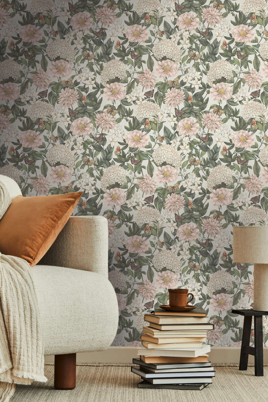             Modern wallpaper floral with animals & flowers textured matt - light grey, white, dark green
        