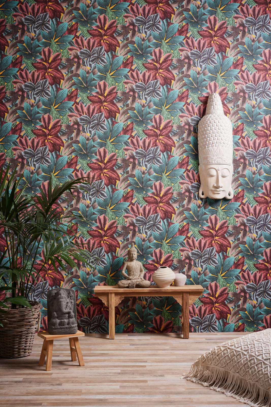             Non-woven wallpaper with leaf pattern in bright colours - multicoloured, blue, pink
        