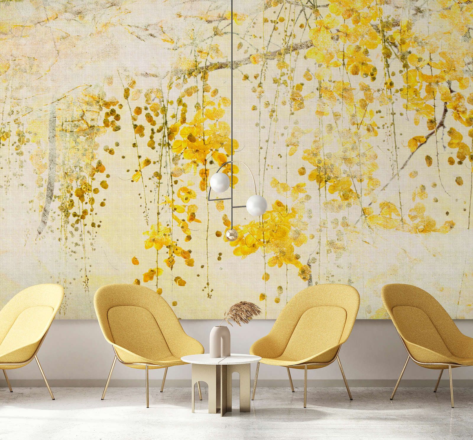             Photo wallpaper »taiyo« - Flower garland with linen structure in the background - Yellow | Smooth, slightly shiny premium non-woven fabric
        