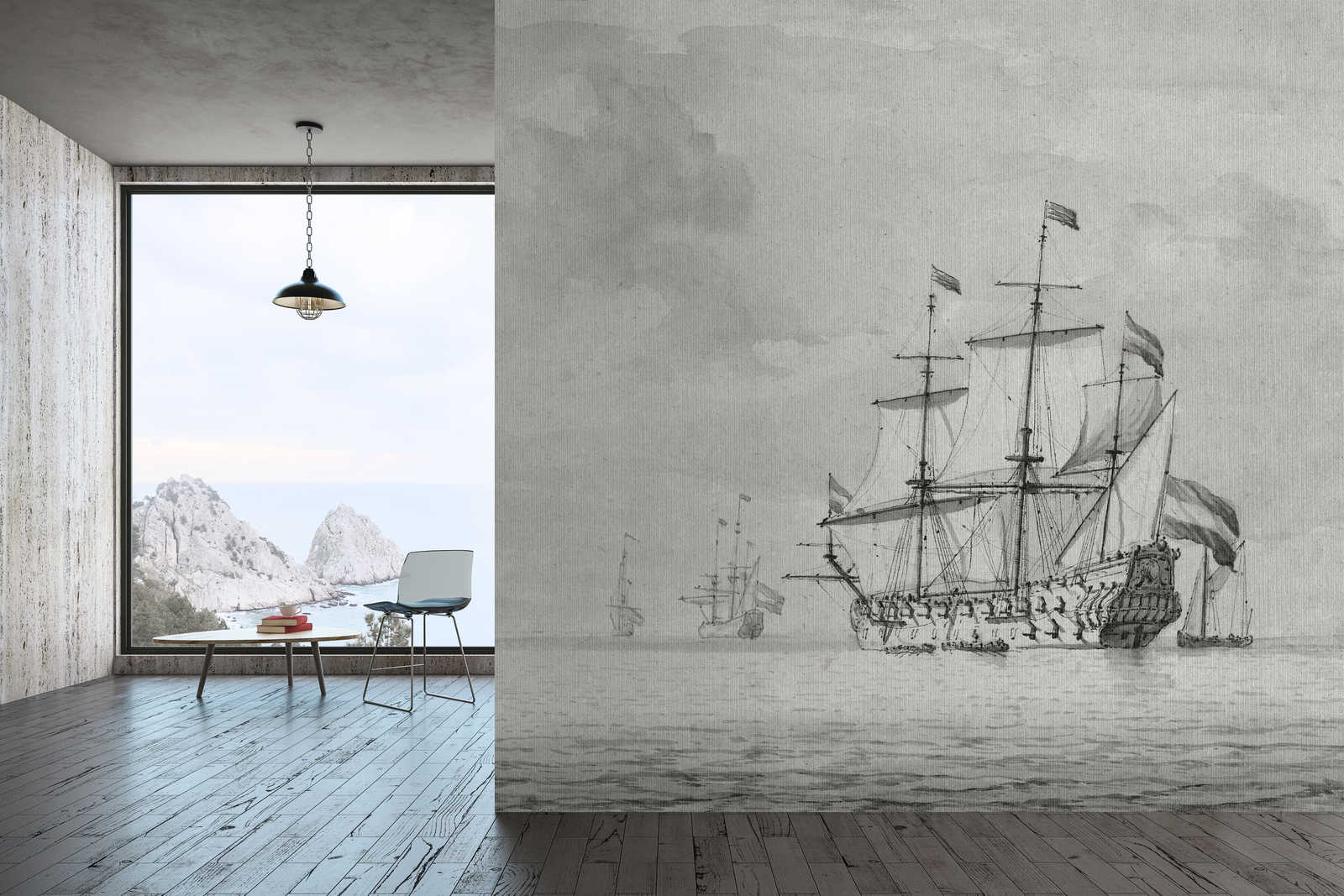             On the Sea 2 - grey beige photo wallpaper ships vintage painting style
        