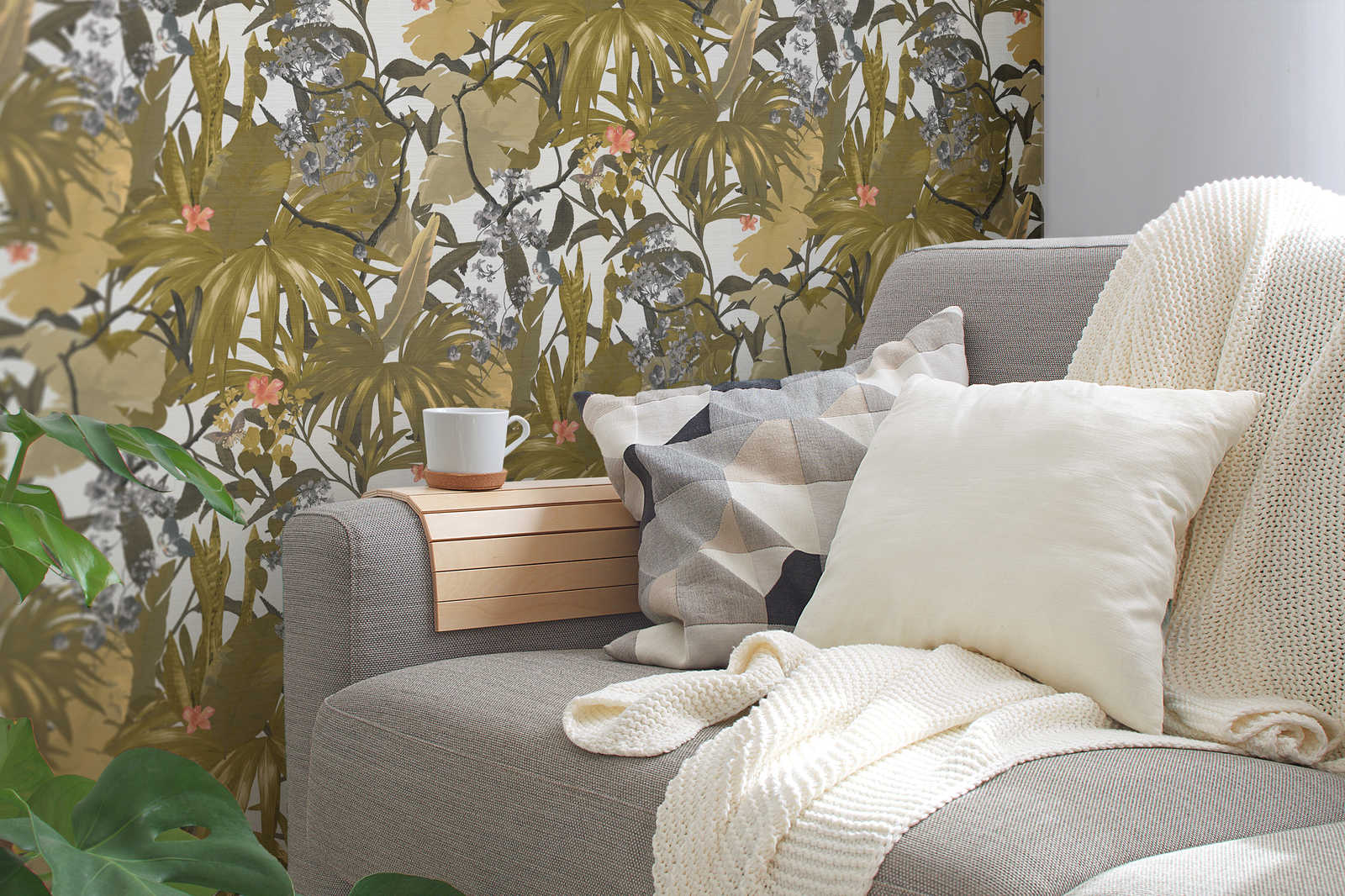             Papier peint Jungle Design avec motif de feuilles - jaune, gris
        