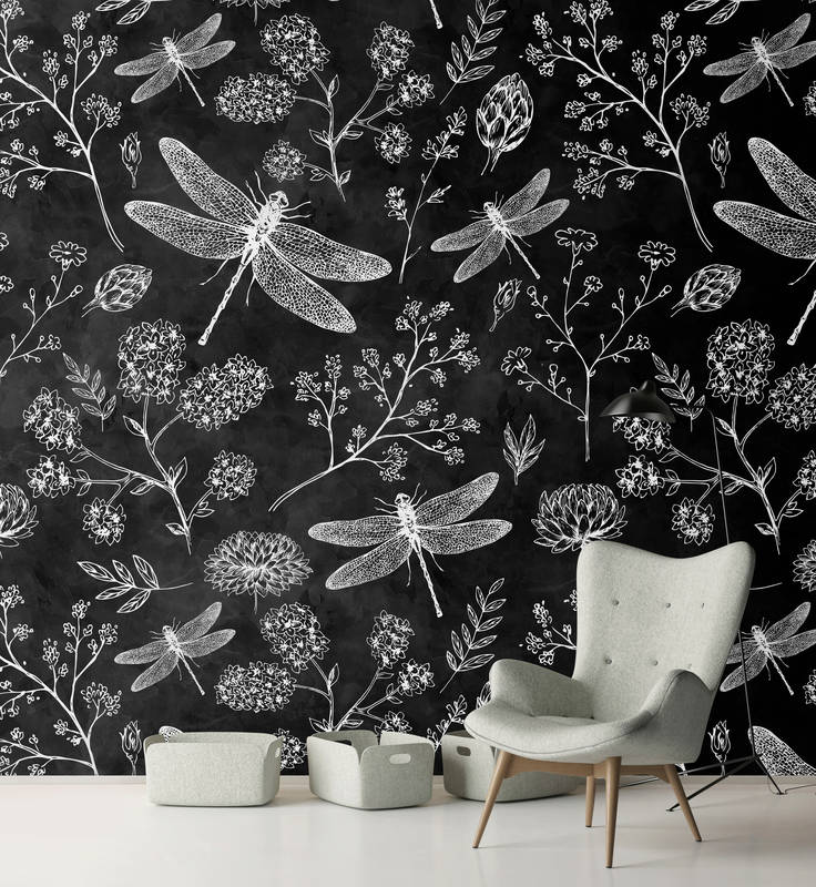             Black and white dragonflies & flowers mural
        