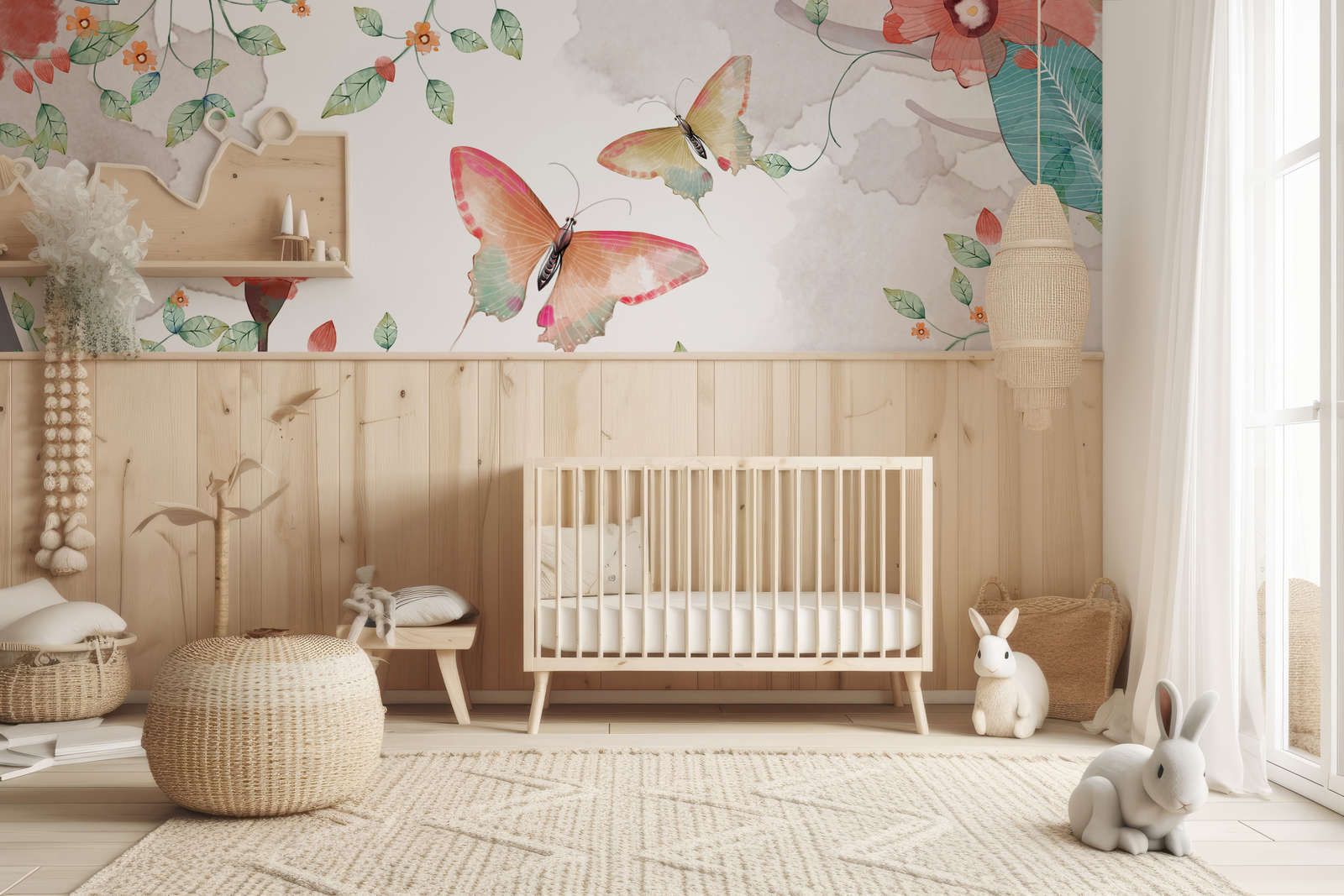             Photo wallpaper floral with leaves and butterflies - Smooth & matt non-woven
        