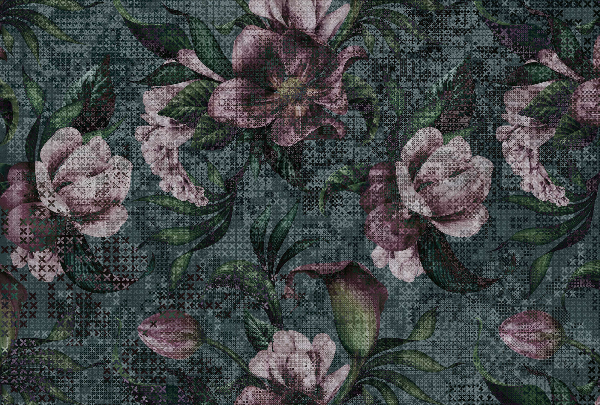             Papier peint fleuri Pixel Design - Vert, Rose
        