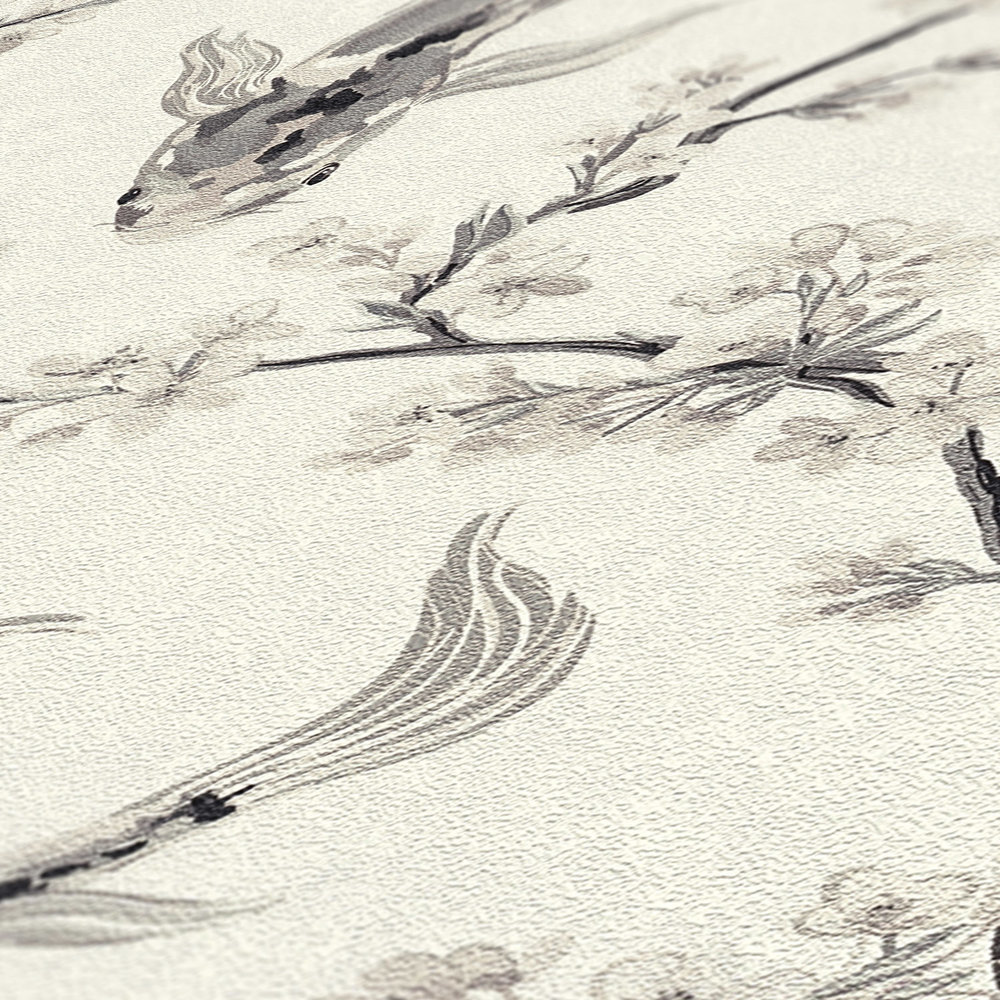             Papier peint intissé avec motif de koï dans le style asiatique - gris, beige, crème
        