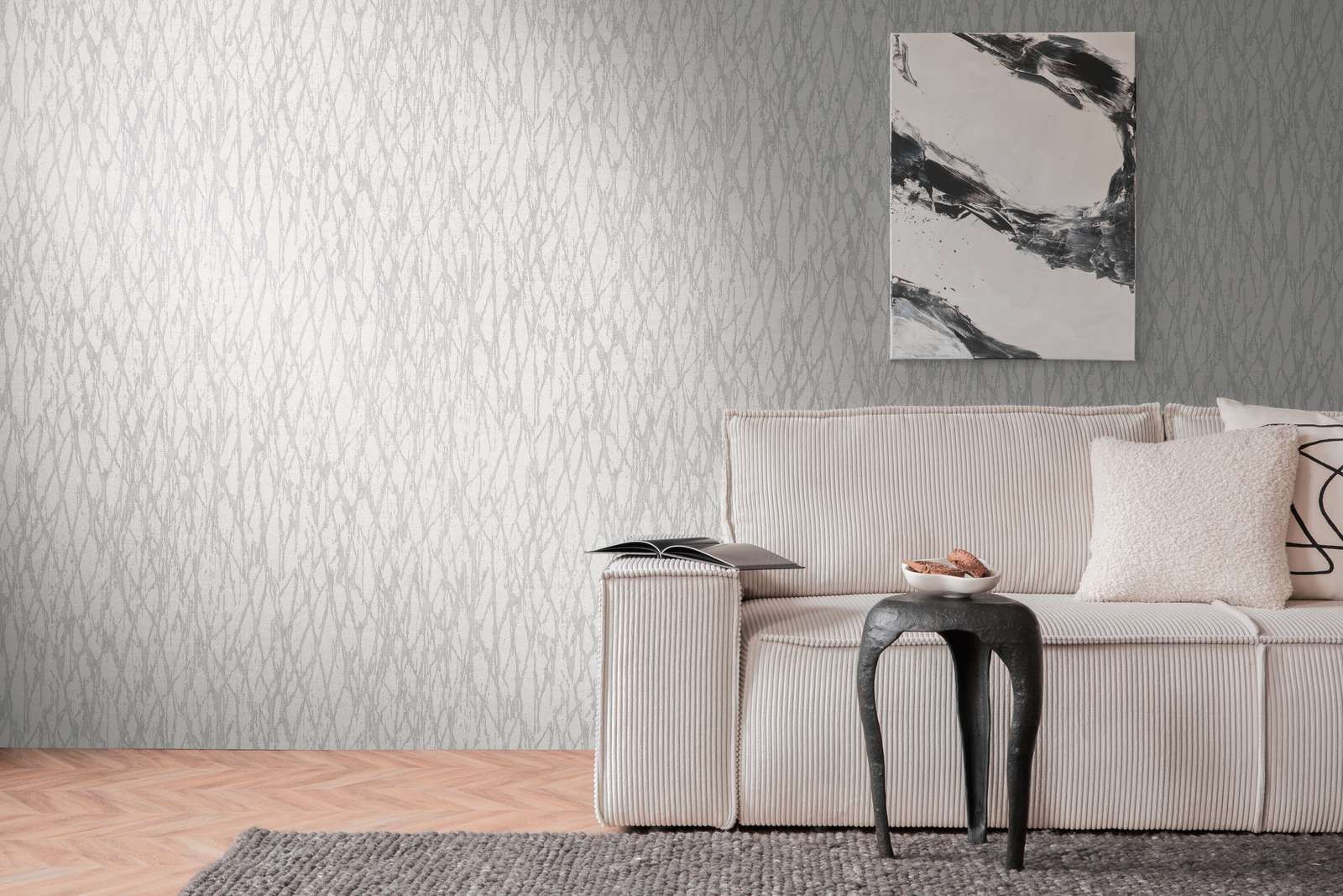             Vliesbehang met abstract lijnenpatroon licht glanzend - wit, grijs, zilver
        