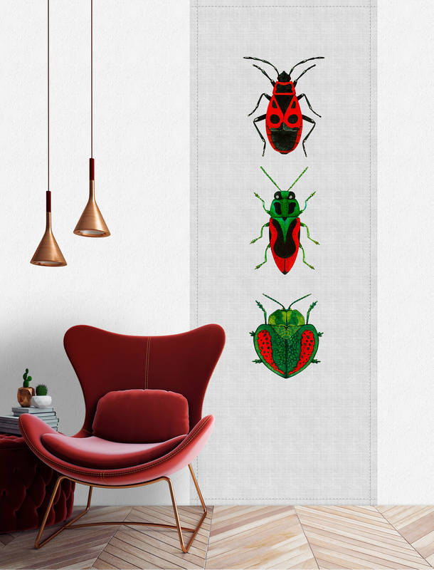             Paneles Buzz 3 - Panel de impresión digital con coloridos escarabajos - Estructura de lino natural - Vellón liso gris, verde | perla
        