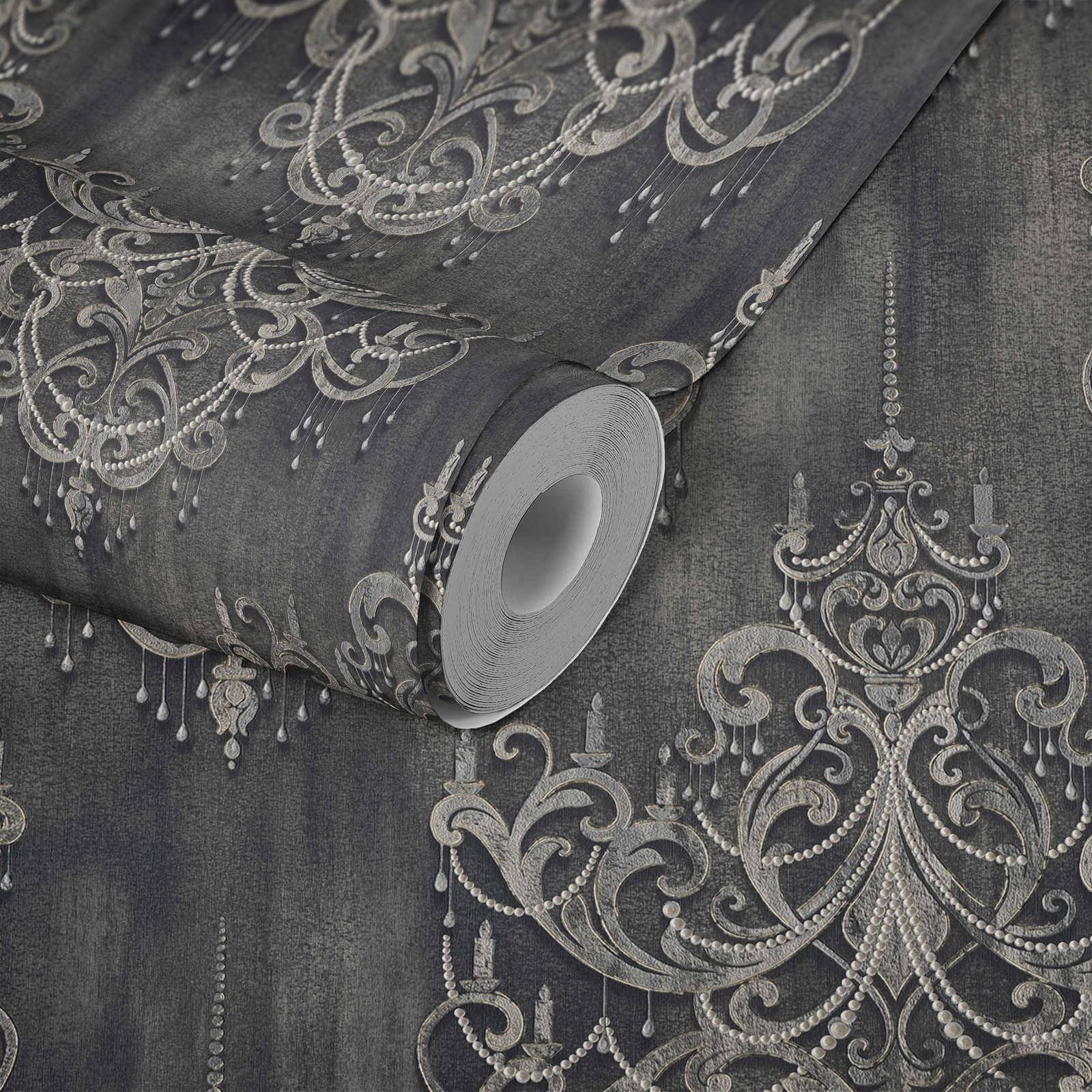             Zwart behang parelmoer patroon, ornamenten & metallic effect
        