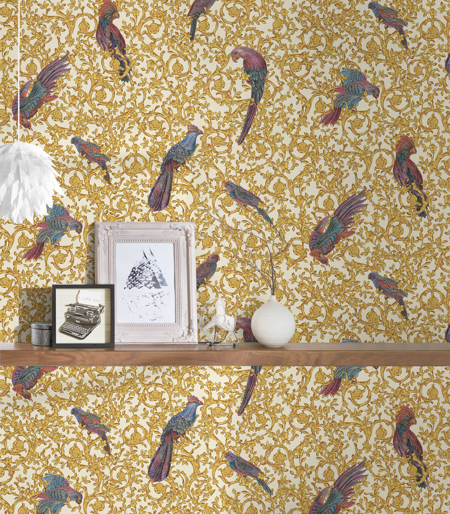             VERSACE Home behang paradise birds & gouden accenten - goud, paars, crème
        