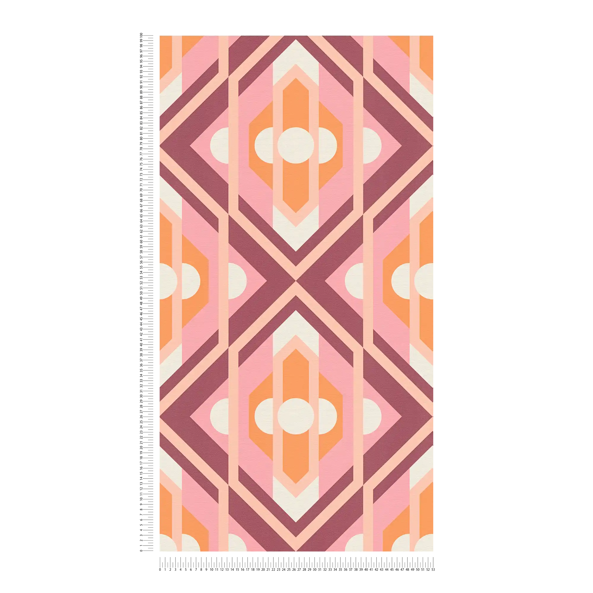             Non-woven wallpaper with geometric ornaments in retro style - orange, pink, white
        