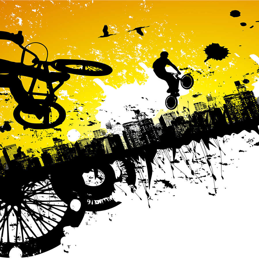 Graffiti behang BMX rijder met skyline op parelmoer glad vlies
