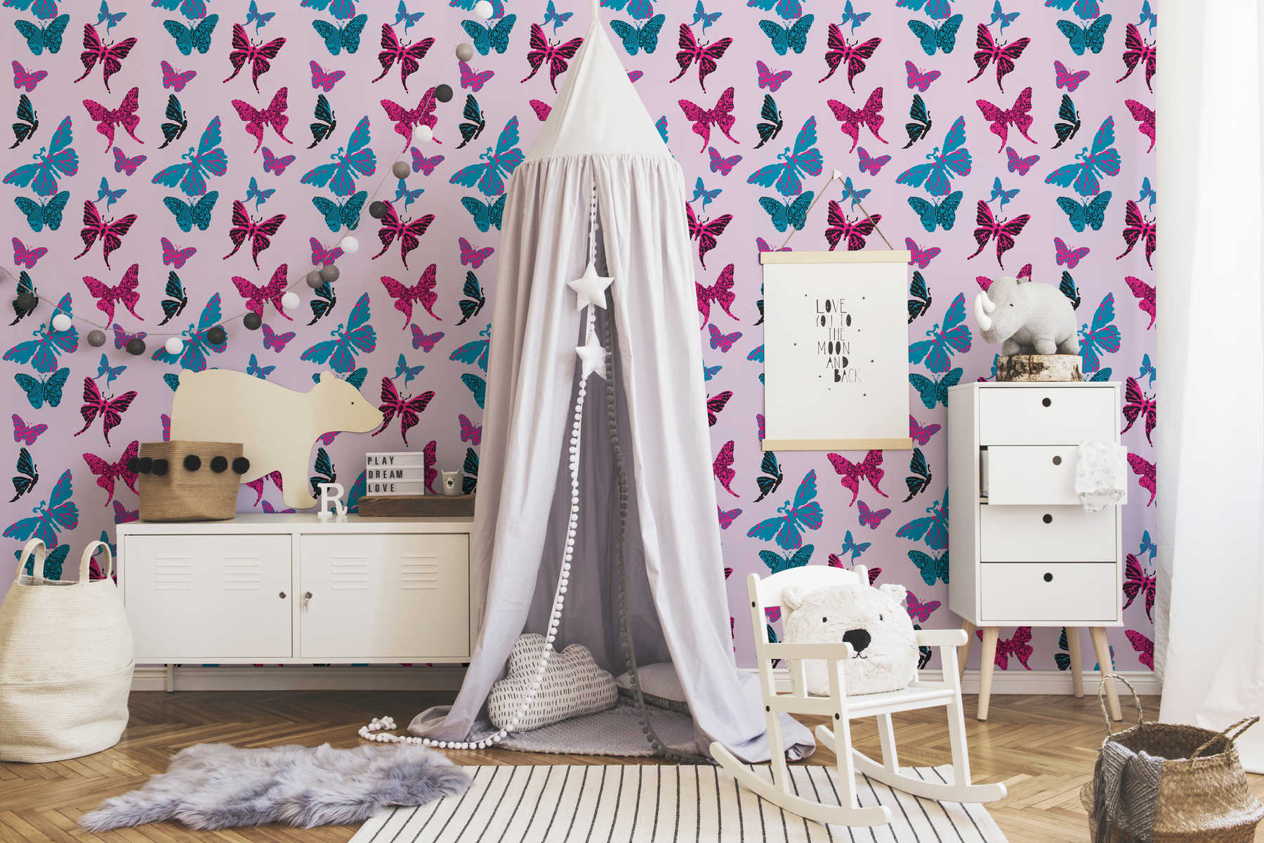             Carta da parati con farfalle in design grafico per la camera dei bambini - Viola, blu
        