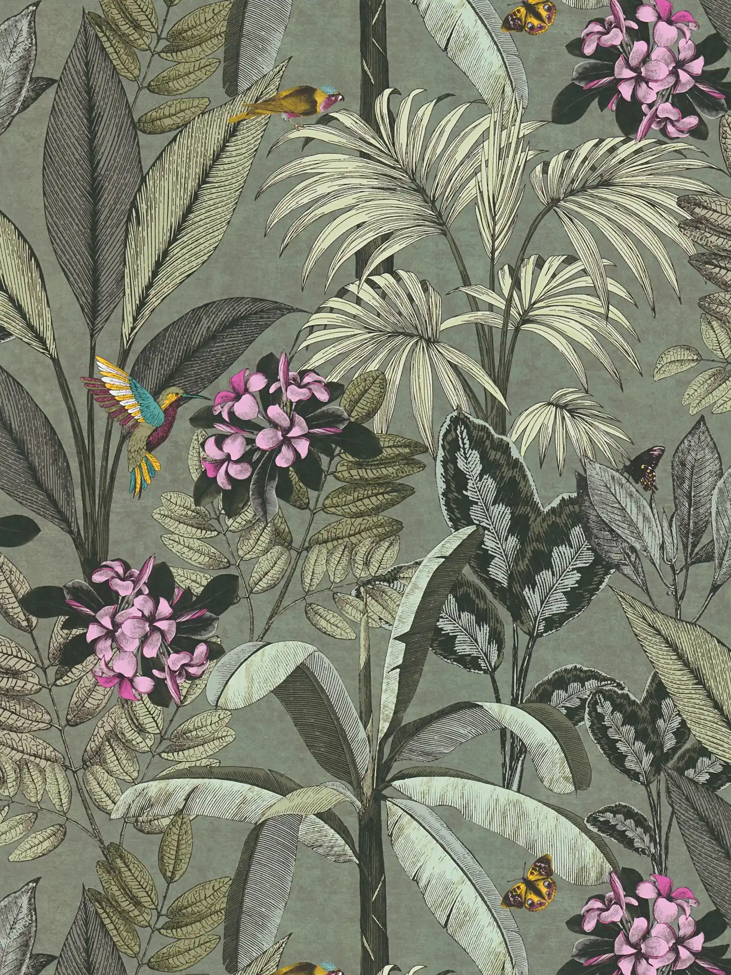 Jungle behang bladeren, bloemen en vogels - grijs, groen
