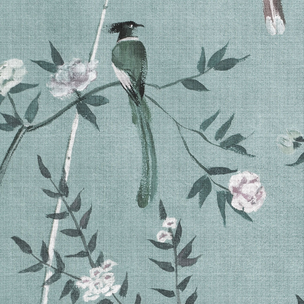             Salón de té 1 - Papel pintado Diseño de pájaros y flores en petróleo y blanco
        