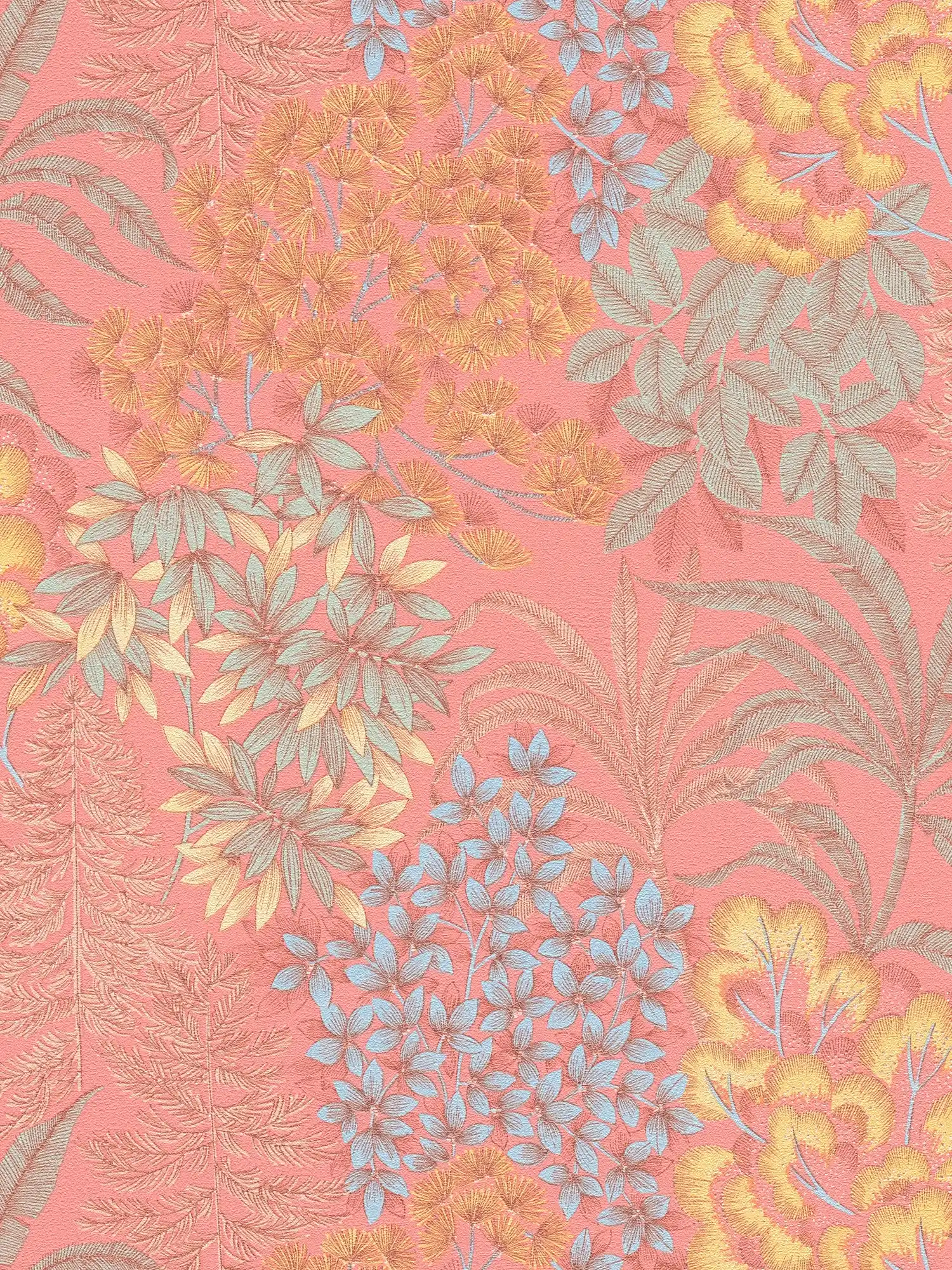 Alegre papel pintado floral en un color sutil: rosa, azul, amarillo

