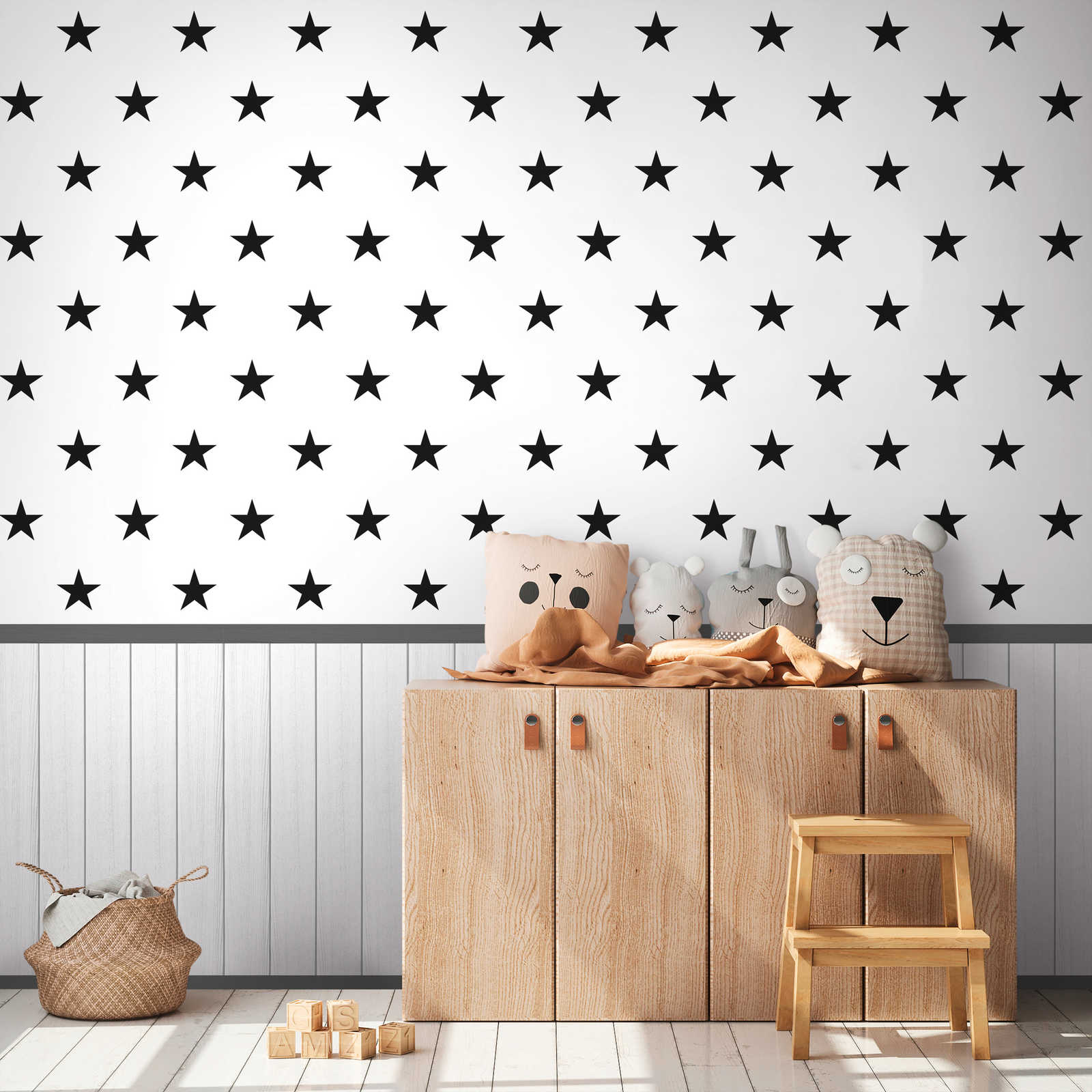 Non-woven motif wallpaper with wood-effect plinth border and check pattern - white, grey, black
