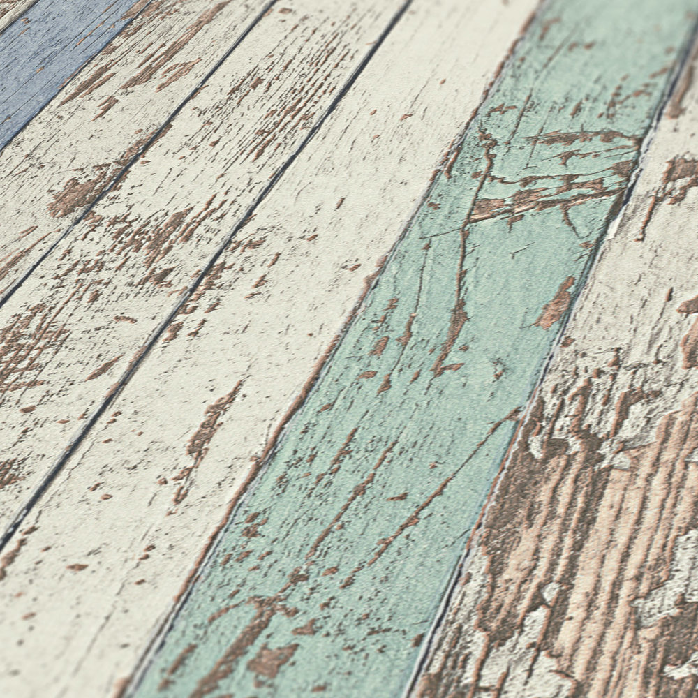             Carta da parati in legno con motivo di tavole colorate in stile Shabby Chic - bianco, marrone, blu
        