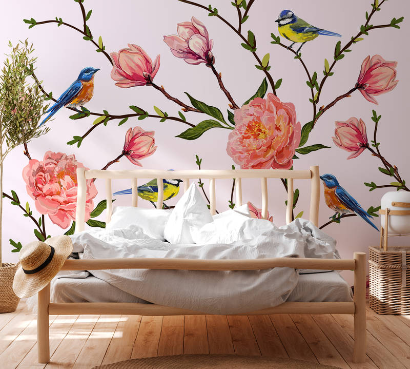             Papier peint oiseaux & fleurs minimaliste - gris, rose, vert
        