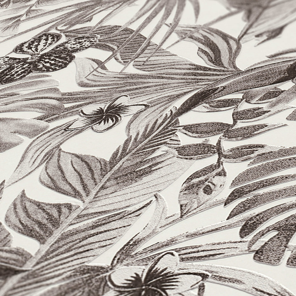             Papel pintado exótico pájaros, flores y hojas tropicales - negro, blanco, gris
        