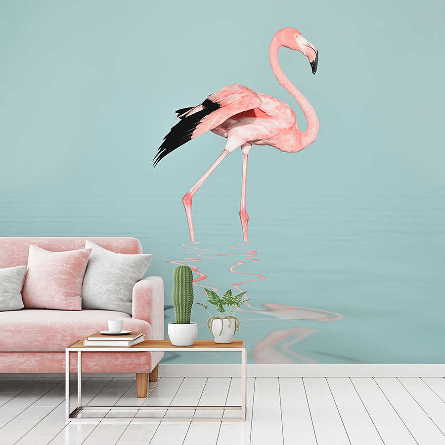         Photo wallpaper with flamingo in water - pink & turquoise
    
