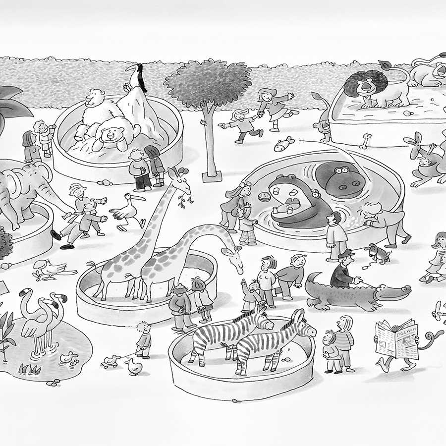 Papier peint panoramique enfants dessin zoo en noir et blanc sur intissé structuré
