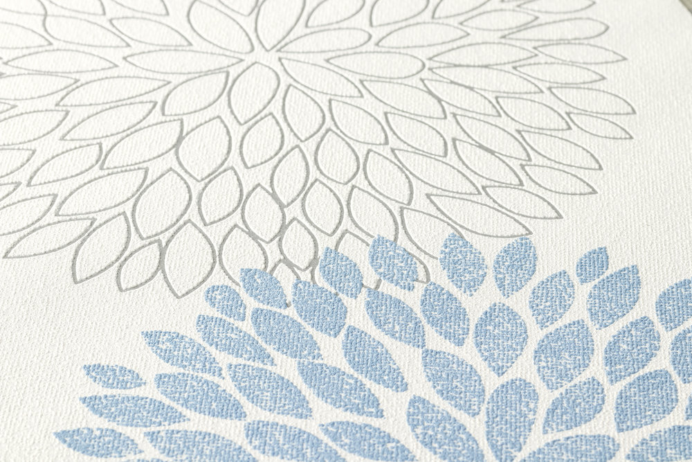             Papier peint avec motif graphique de fleurs - bleu, gris, blanc
        