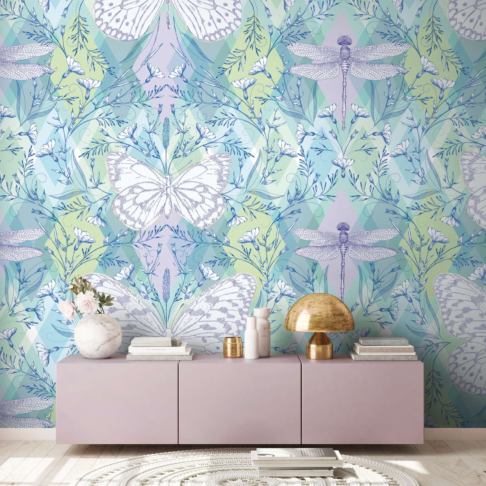             Diamond pattern wallpaper with butterflies and dragonflies - multicoloured, green, purple
        