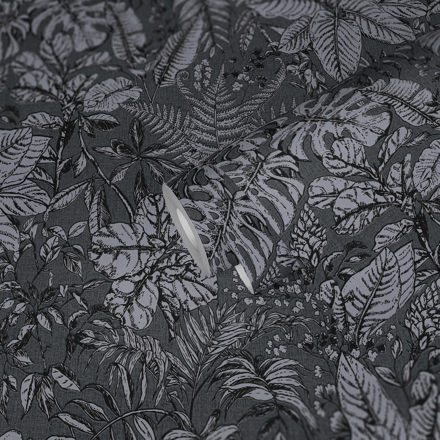             Papier peint motif jungle, feuilles de monstera & fougères - gris, blanc
        