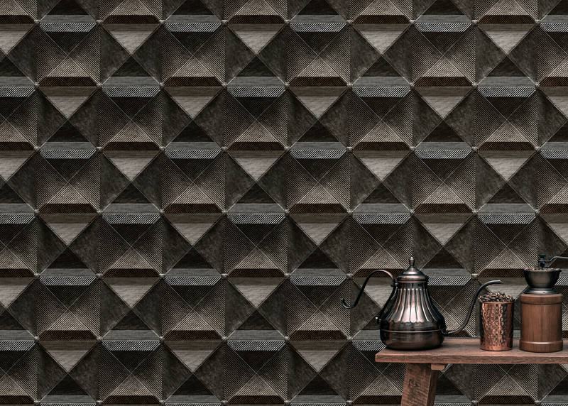             De rand 1 - 3D Digital behang met ruitvormig metalen ontwerp - Bruin, Zwart | Matte gladde fleece
        